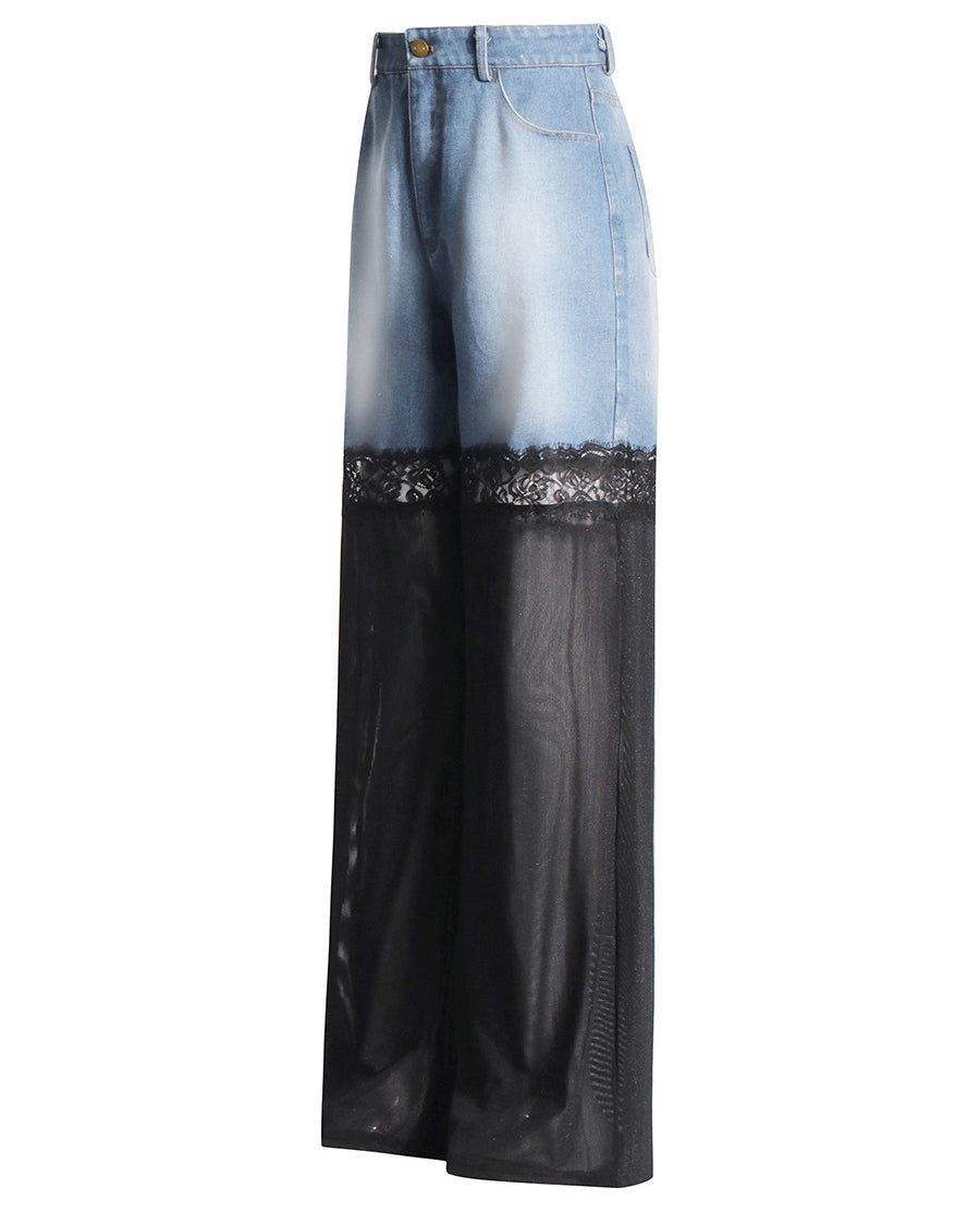 Mid-Waist Lace Stitching Sexy Denim Wide-Leg Pants