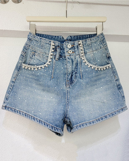 High-Waisted Diamond-Beaded Denim Shorts Blue