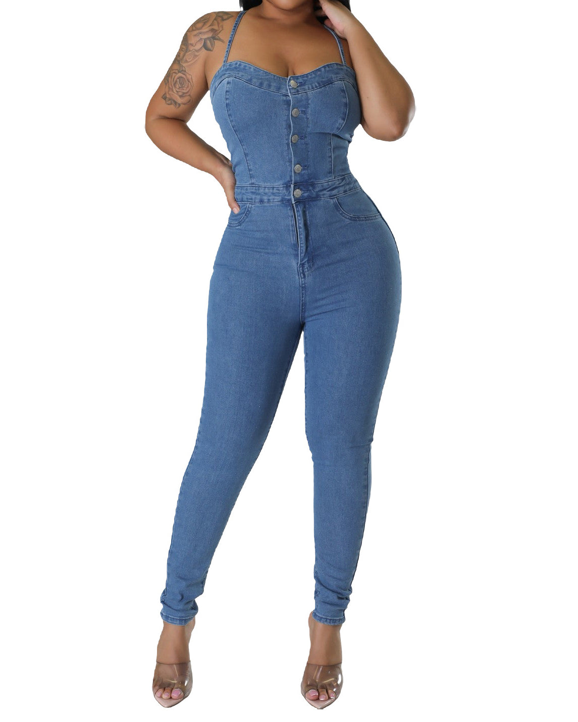 Skinny Stretch Fit Backless Bandage Denim Jumpsuit