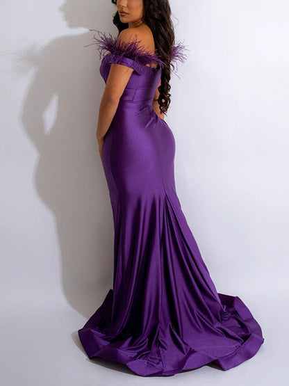 Off Shoulder Feather Slit Dress
