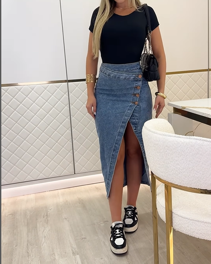 Irregular Slit High Waist Denim Skirt