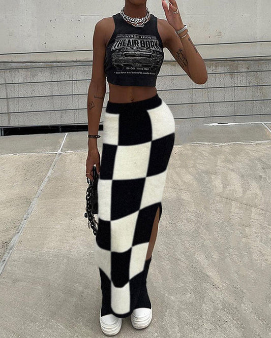 High-Waisted Slim Fit Slit Hip-Covering Checkerboard Skirt