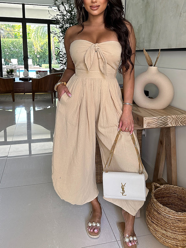Solid Strapless Tied Wide-Leg Jumpsuit Nude
