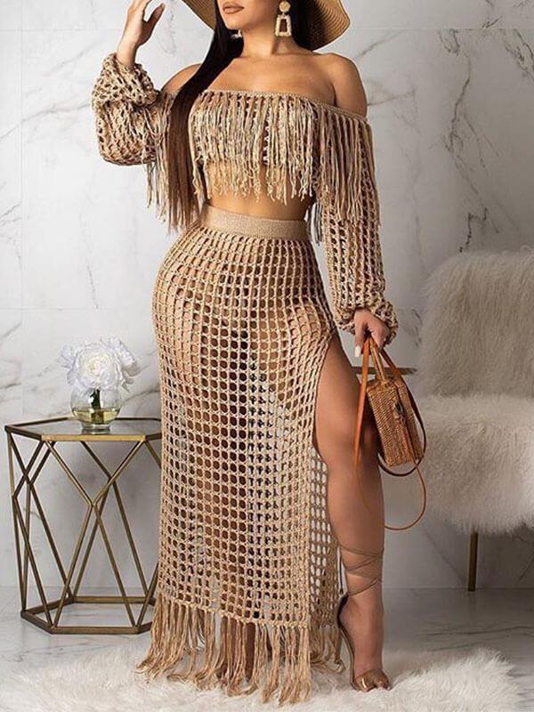Crochet Mesh Tassels Crop Top & Skirt Set Khaki