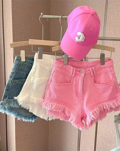 Solid Color Fringed Denim Shorts