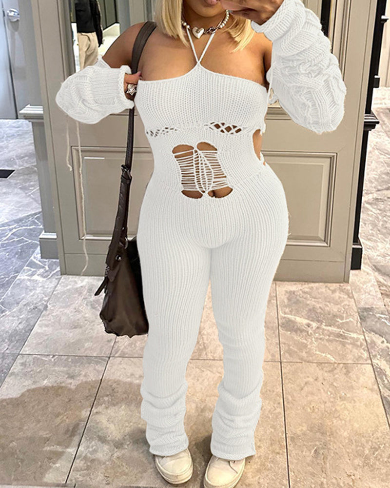 Sexy Strappy Halterneck Knitted Long-Sleeved Slim Fit Jumpsuit White