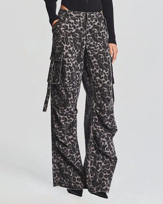 Leopard Print High-Rise Straight-Leg Cargo Pants With Pocket Jeans Grey