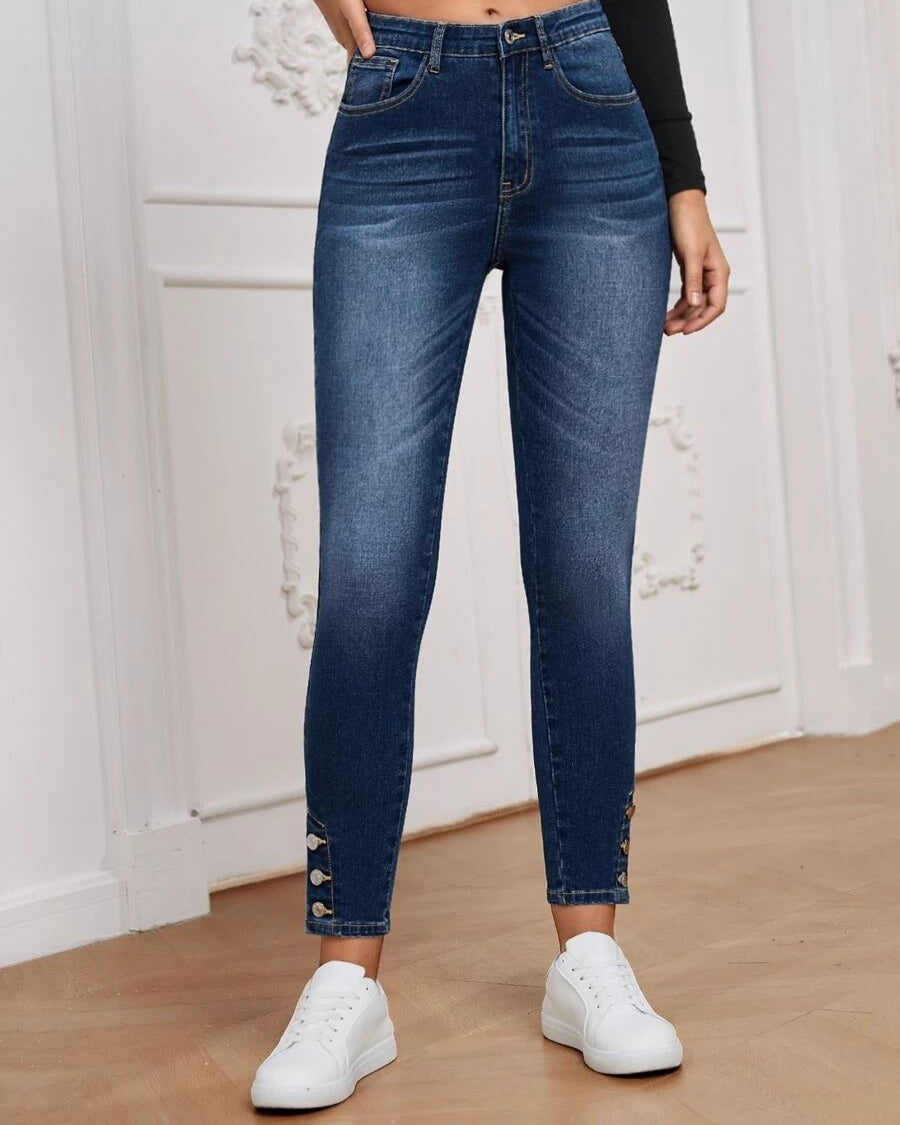 Buttoned High Elastic Tight Denim Trousers Women