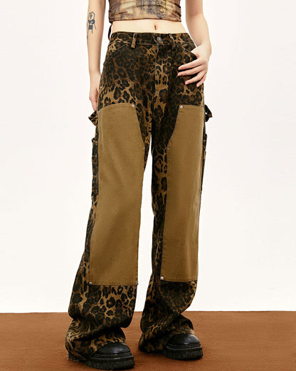 Spliced Cargo Logging Straight Leopard Print Casual Pants Peru