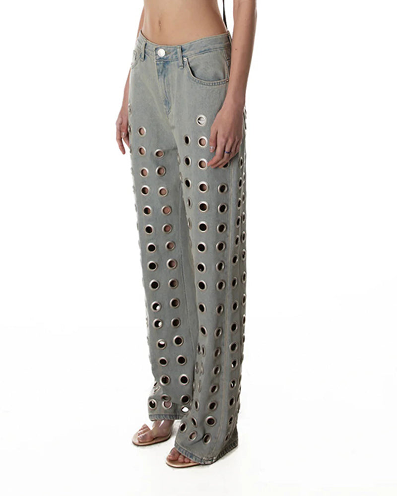 Retro Washed Eyelet Straight Denim Trousers (Pre-sale)