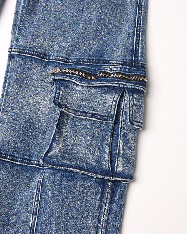 Straight Slim Denim Trousers With Sewn Large Pockets