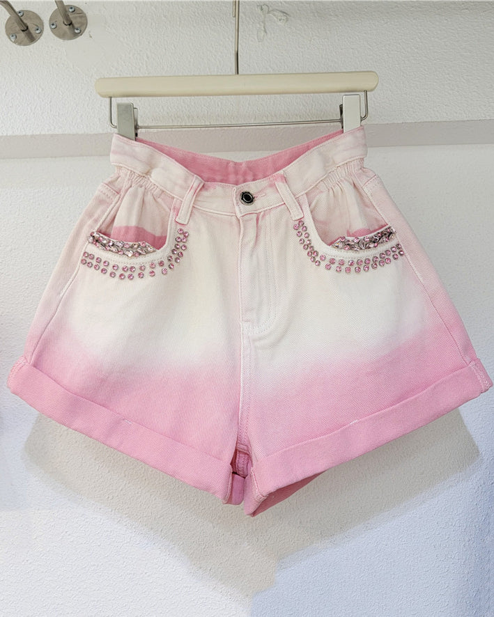 Diamond-Encrusted Colorblock Rolled Hem High-Waisted Wide-Leg Denim Shorts