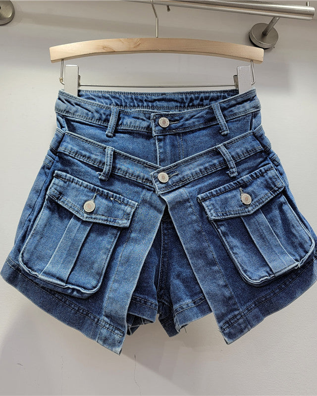 Slim High Waist Washed Fake Two Piece Wide Leg Denim Shorts Blue