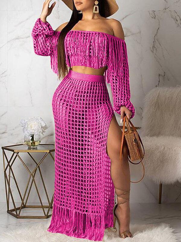 Crochet Mesh Tassels Crop Top & Skirt Set Rose Red