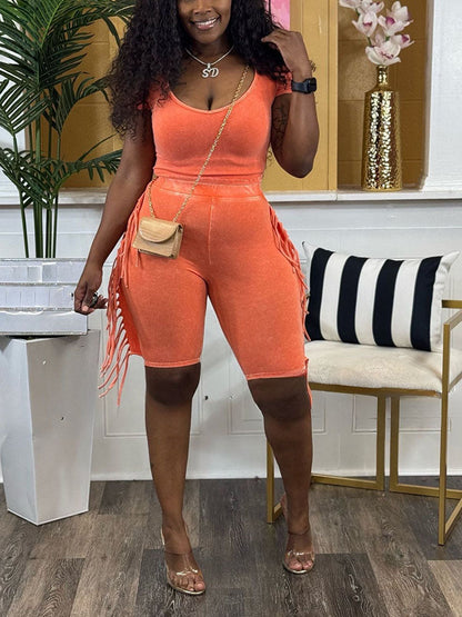 Mineral Washed Fringe Biker Shorts Set