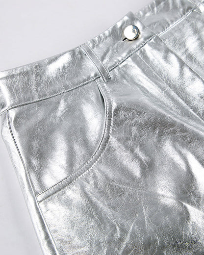 Silver Pu Leather High Waist Shorts