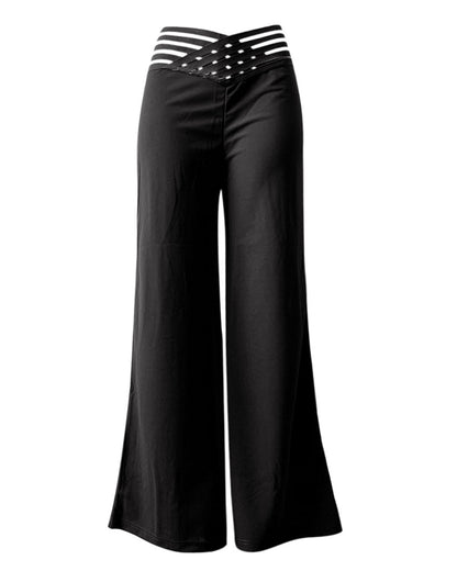 Cut-Out Belt High-Waisted Casual Wide-Leg Pants Black