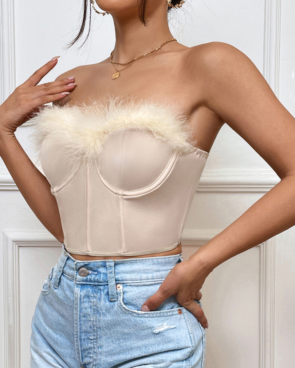 Low-Cut Feather Paneled Short Underwired Herringbone Top Beige