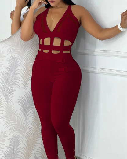 Enganliegender Jumpsuit mit Hohlsaum und Bindeband an der Taille