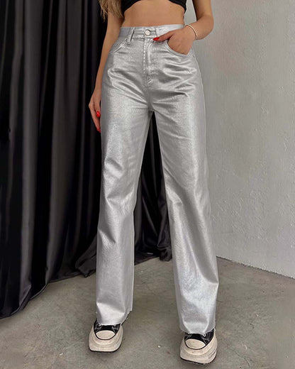 Women Vintage Straight-Leg Gold And Silver Pants Silver