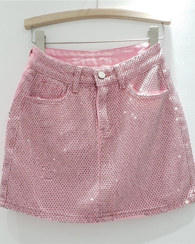 Hot Rhinestoned Denim Hip-Hugging Short Skirt Pink