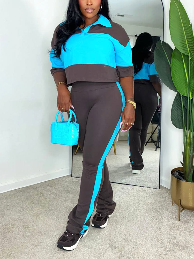 Colorblock Cropped Polo Top & Flare Leggings Set