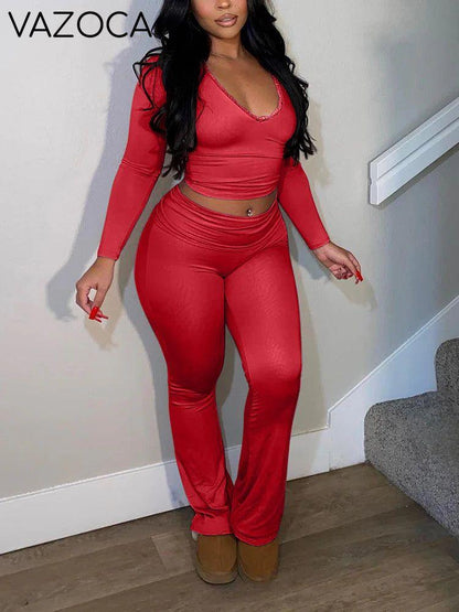 Contrast Lace Crop Top & Flare Pants Lounge Set