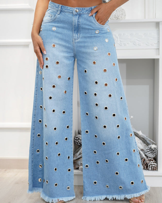 Mid-rise Palazzo Eyelet Wide-leg Jeans Lightblue