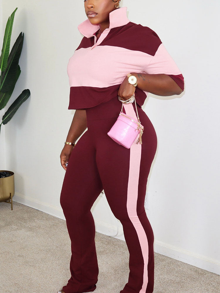 Colorblock Cropped Polo Top & Flare Leggings Set