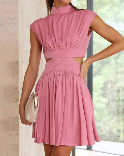 Solid Color Waistline Stand Collar Exposed Waist Mini Dress Pink