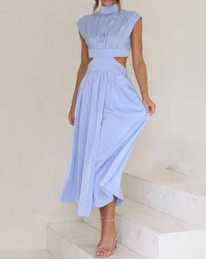 Stand Collar Macaron Waistless Midi Dress Lightblue