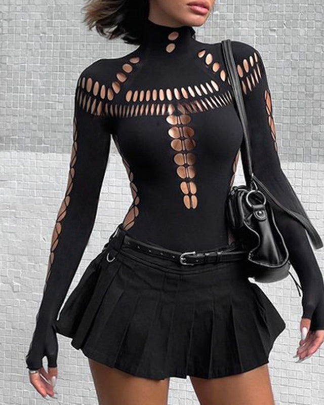 Dark Cyber Y2k Punk Sexy Hollow Out Long Sleeve Bodysuits