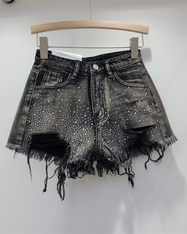 High-Waisted Slimming Colored Perm Ripped Denim Shorts Grey