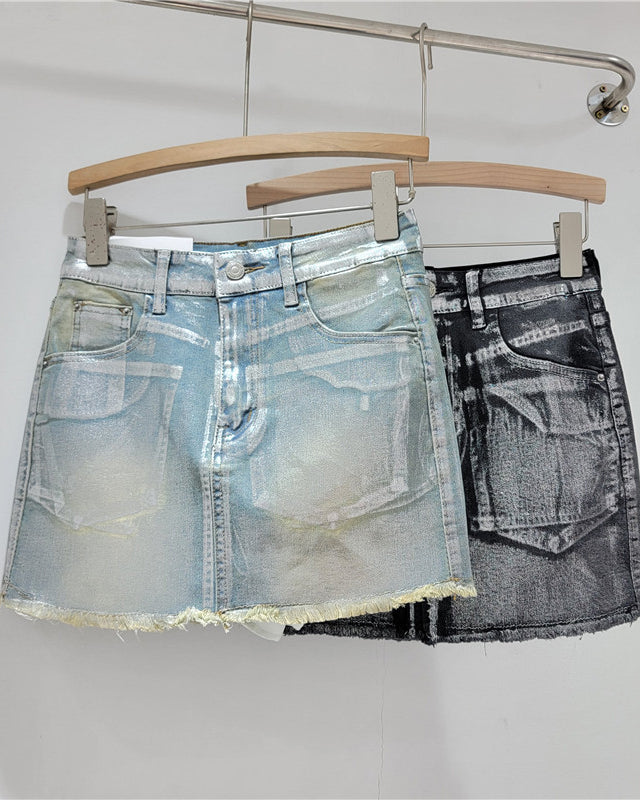 A-Line Hot Stamping High-Waist Hip-Hugging Denim Skirt