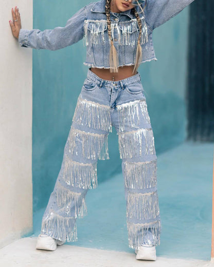 Sequined Fringed Straight-Leg Jeans