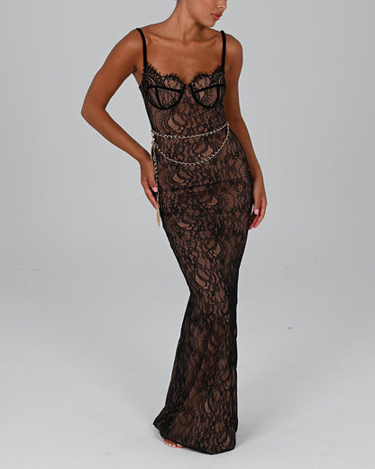 Lace Paneled Backless Suspender Slit Long Dress