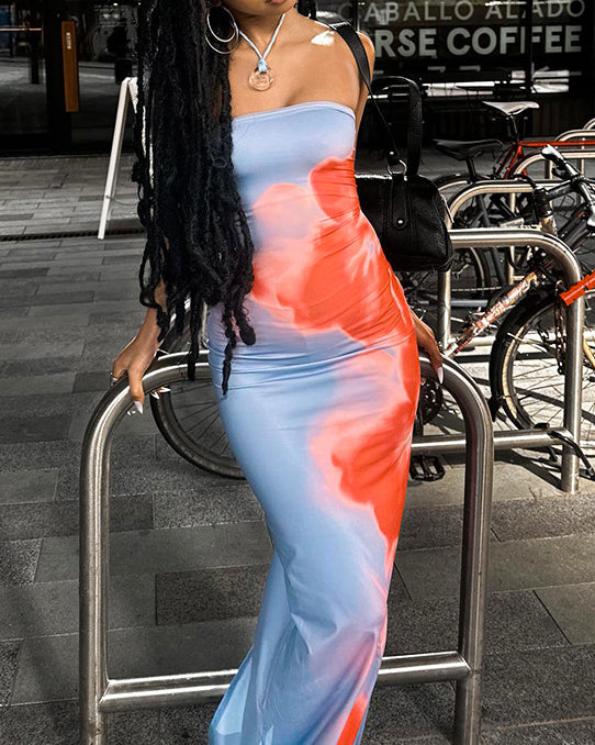 Contrast Color Printed Strapless Slit Slim Long Dress