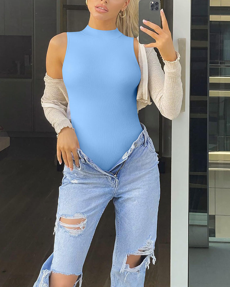 Ribbed Sleeveless Turtleneck Bodycon Thong Bodysuit