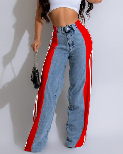 High Waisted Straight Pants Casual Pants Striped Patchwork Jeans Women Red