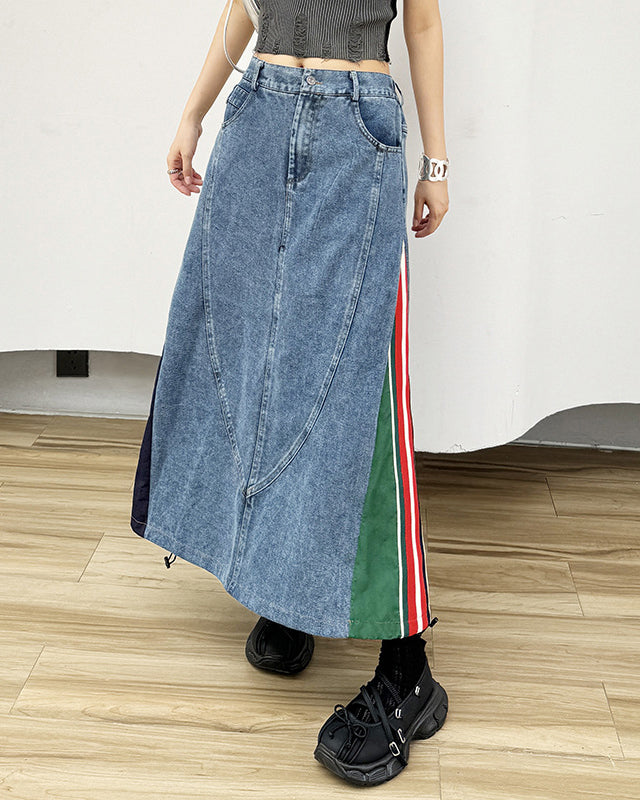 High Waisted Paneled Contrast Denim Skirt