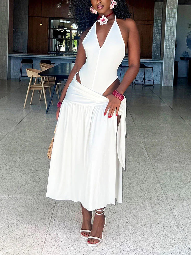 Beach Halter Bodysuit & Wrap Tie Skirt Set