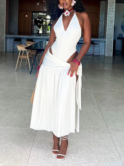 Beach Halter Bodysuit & Wrap Tie Skirt Set