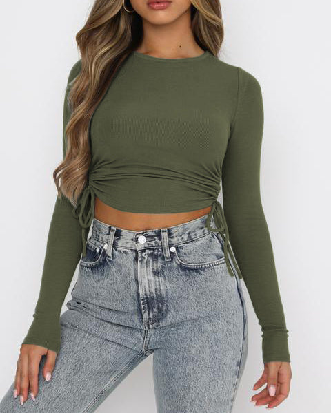 Drawstring Crew Neck Long Sleeve Cropped Top