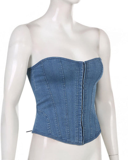 Wave Collar Herringbone Slim Fit Strap Solid Color Denim Tube Top Vest