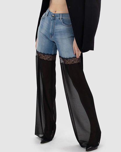 Mid-Waist Lace Stitching Sexy Denim Wide-Leg Pants Blue