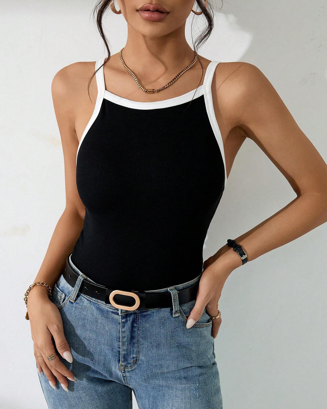 Stitched Contrasting Color High-Elastic Knitted Tank Top Black