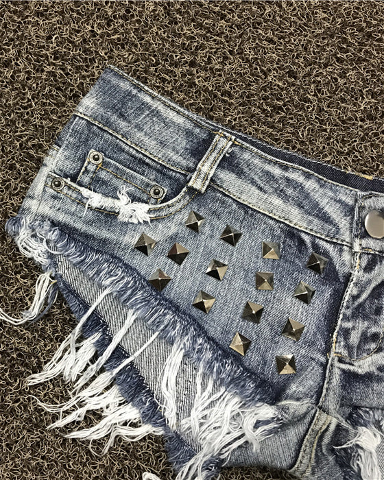 Raw Edge Washed Studded Low-Rise Denim Shorts