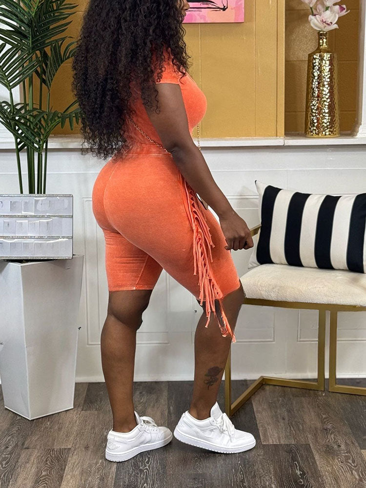 Mineral Washed Fringe Biker Shorts Set