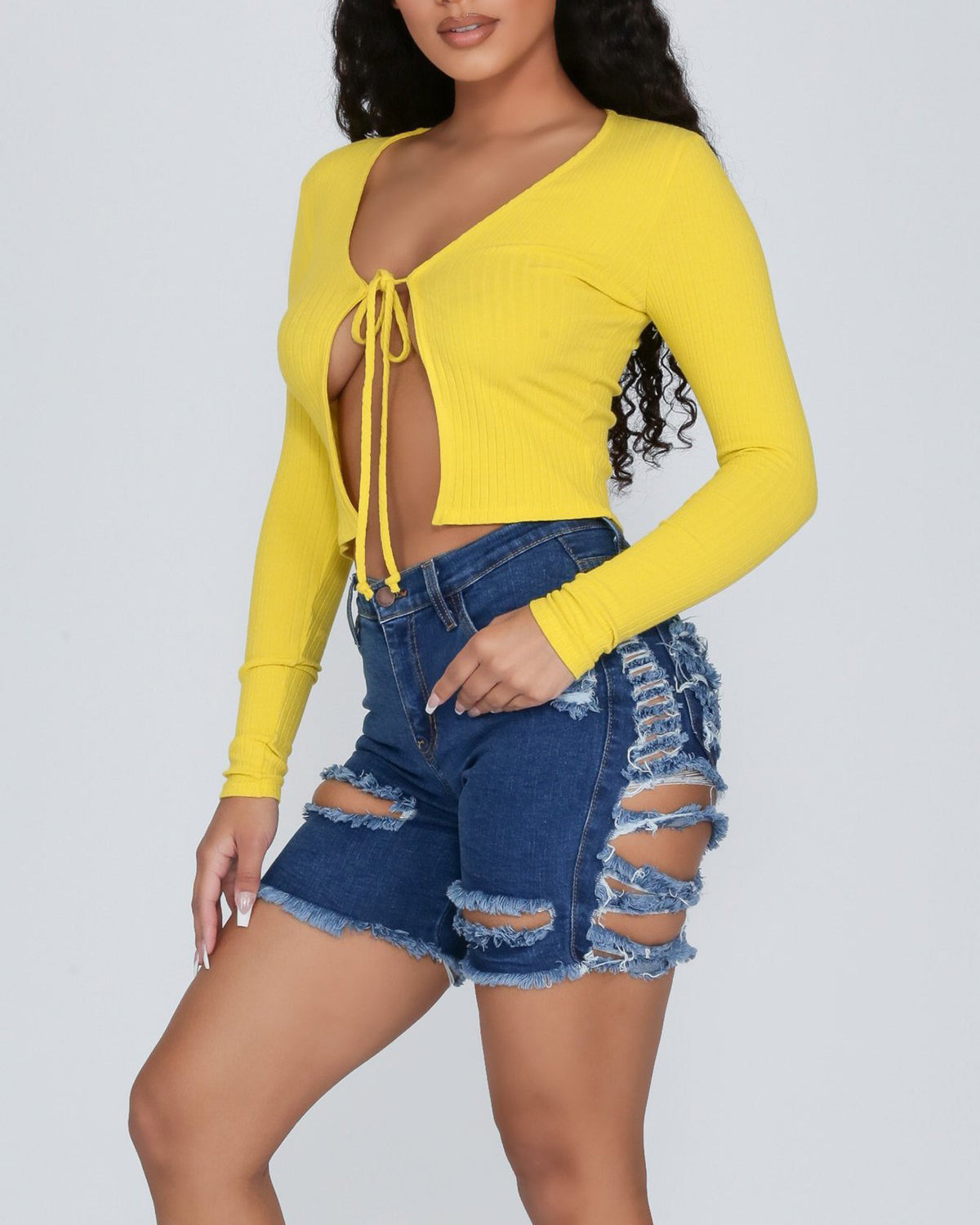 High Waist Ripped Stretch Denim Shorts Women Blue