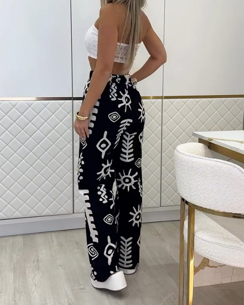 Lace-Up Tube Top Print High-Waisted Trouser Set (Pre-Sale)